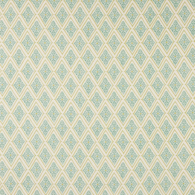 Small aqua and lime diamond print on a warm ivory cotton ground