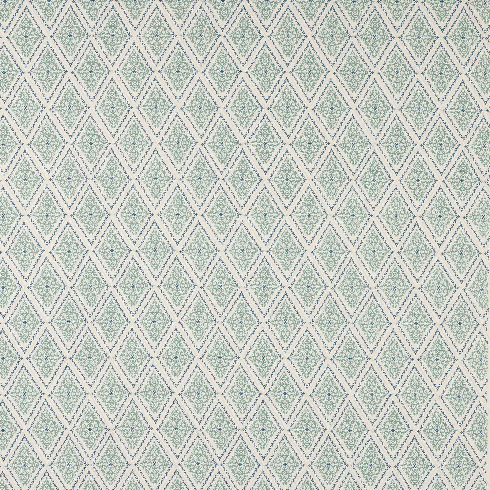 Small mint-green geometric diamond print on a pale cotton fabric swatch
