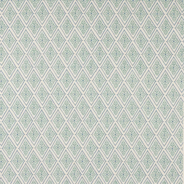 Small mint-green geometric diamond print on a pale cotton fabric swatch