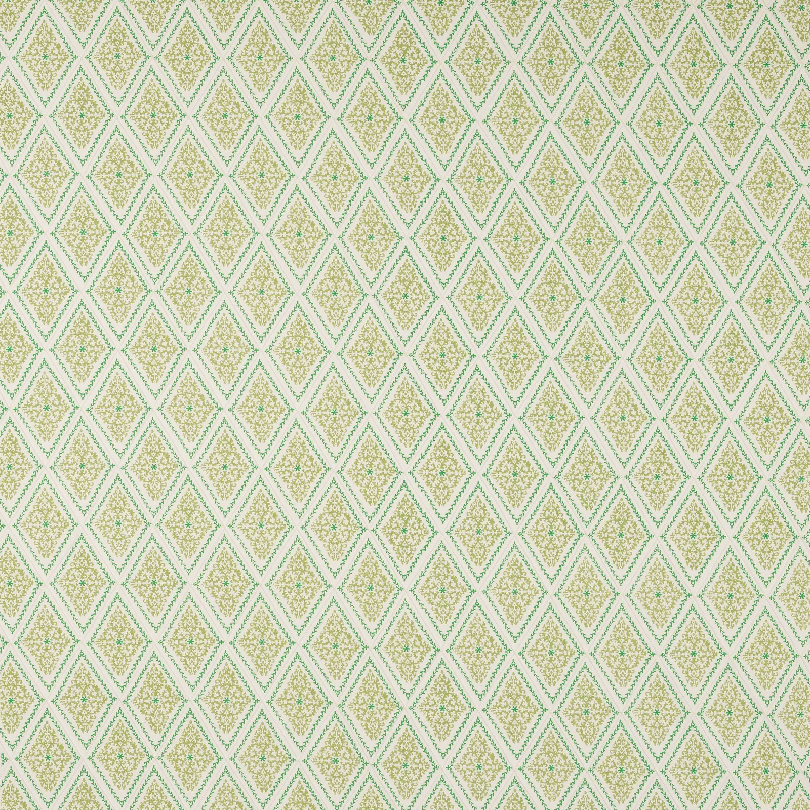 Small diamond lattice fabric in soft mint green and cream with tiny floral motifs