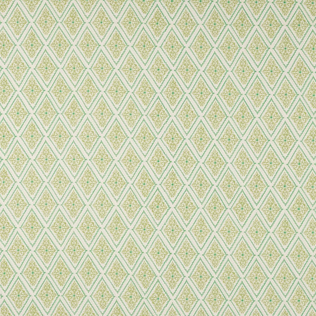 Small diamond lattice fabric in soft mint green and cream with tiny floral motifs