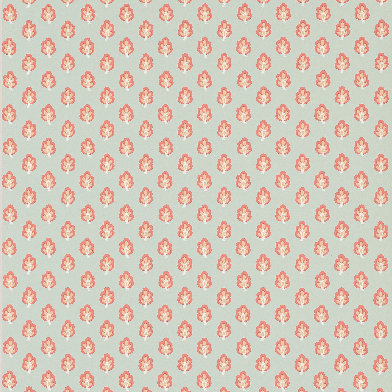 Aqua wallpaper with evenly spaced coral and cream stylised floral motifs