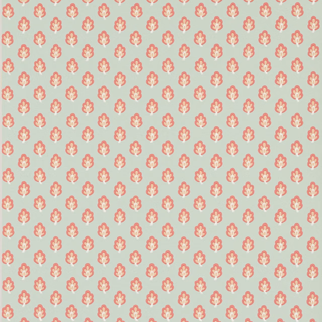Aqua wallpaper with evenly spaced coral and cream stylised floral motifs