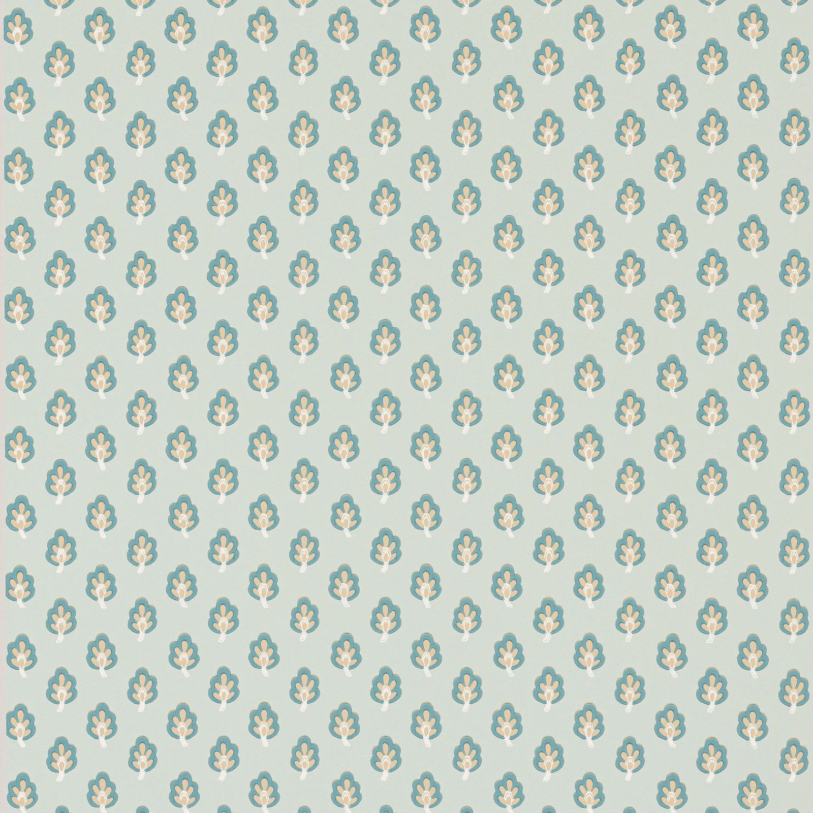 Soft aqua wallpaper with repeated teal, cream and blush floral motifs