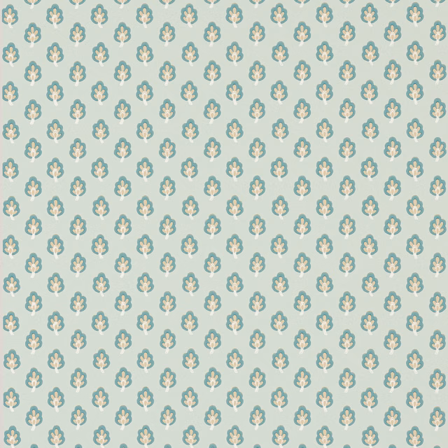 Soft aqua wallpaper with repeated teal, cream and blush floral motifs