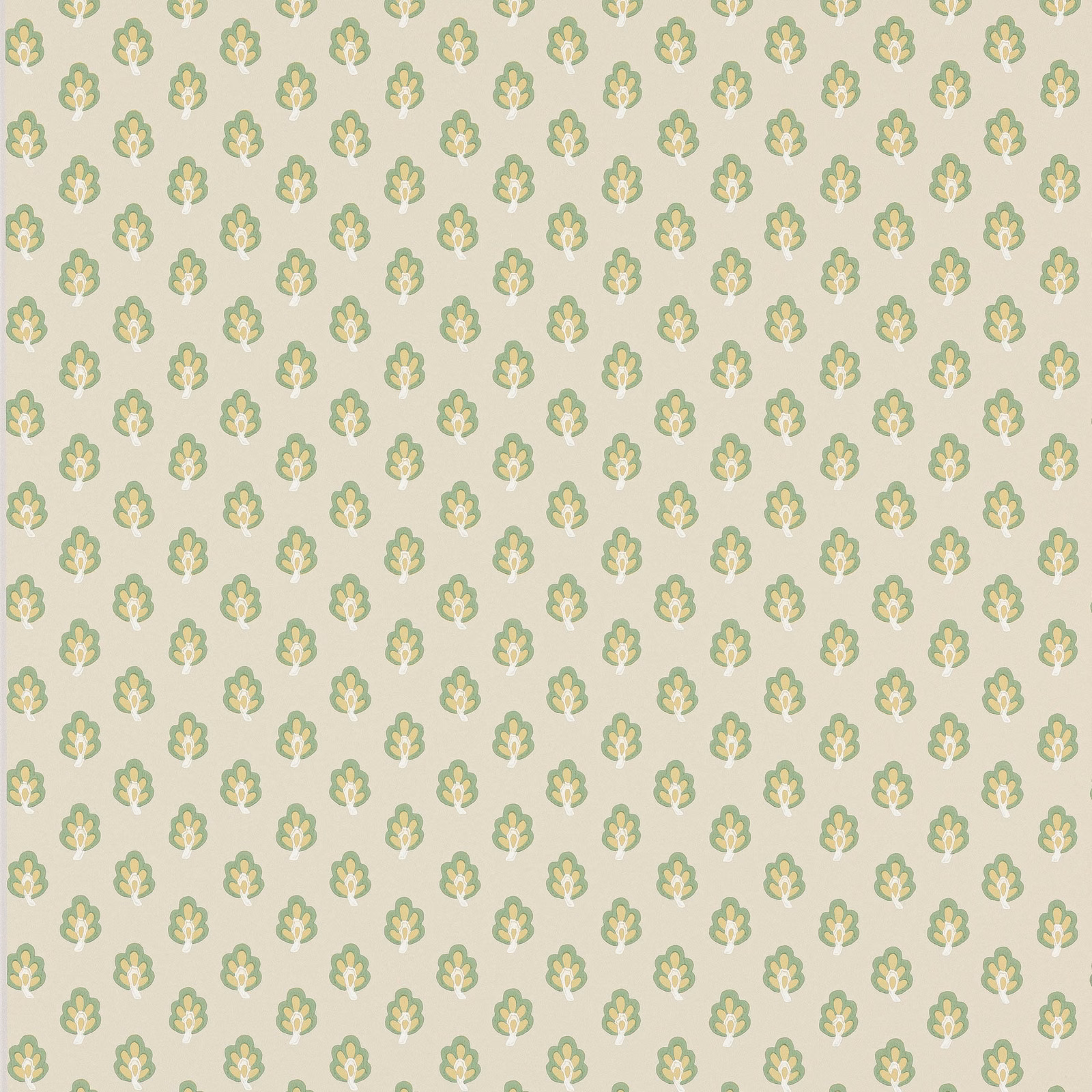 Pale sage green wallpaper with repeating cream and muted green floral sprigs