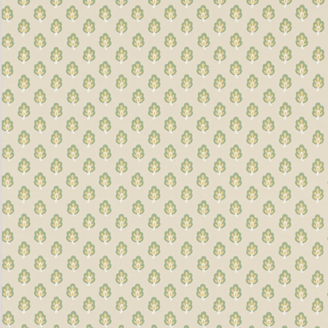Pale sage green wallpaper with repeating cream and muted green floral sprigs