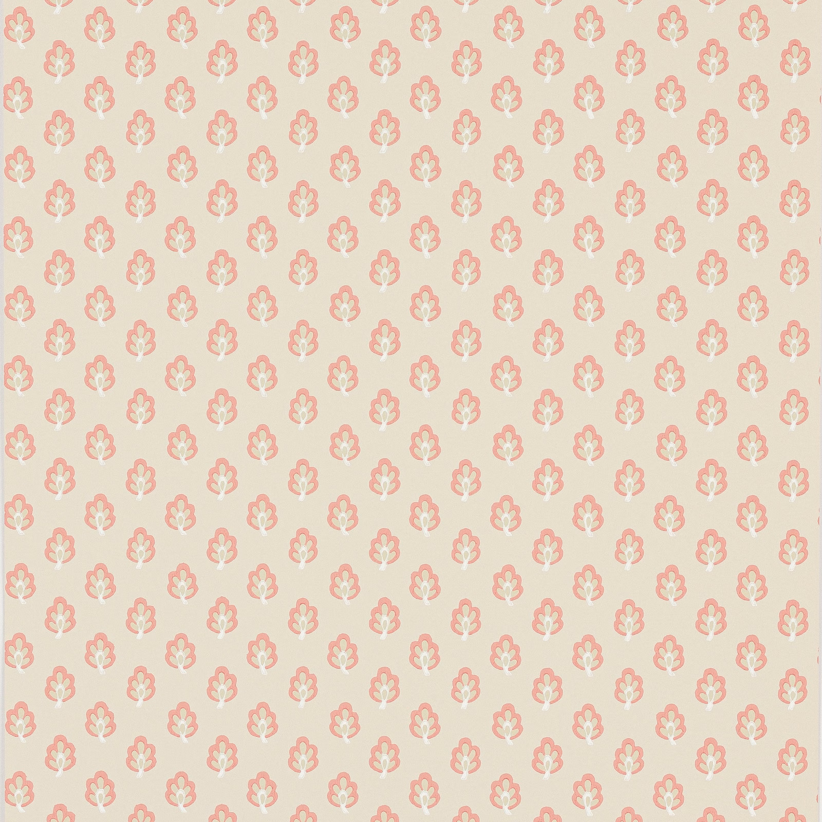 Blush pink wallpaper with small coral floral sprigs and cream details