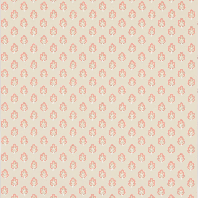 Blush pink wallpaper with small coral floral sprigs and cream details