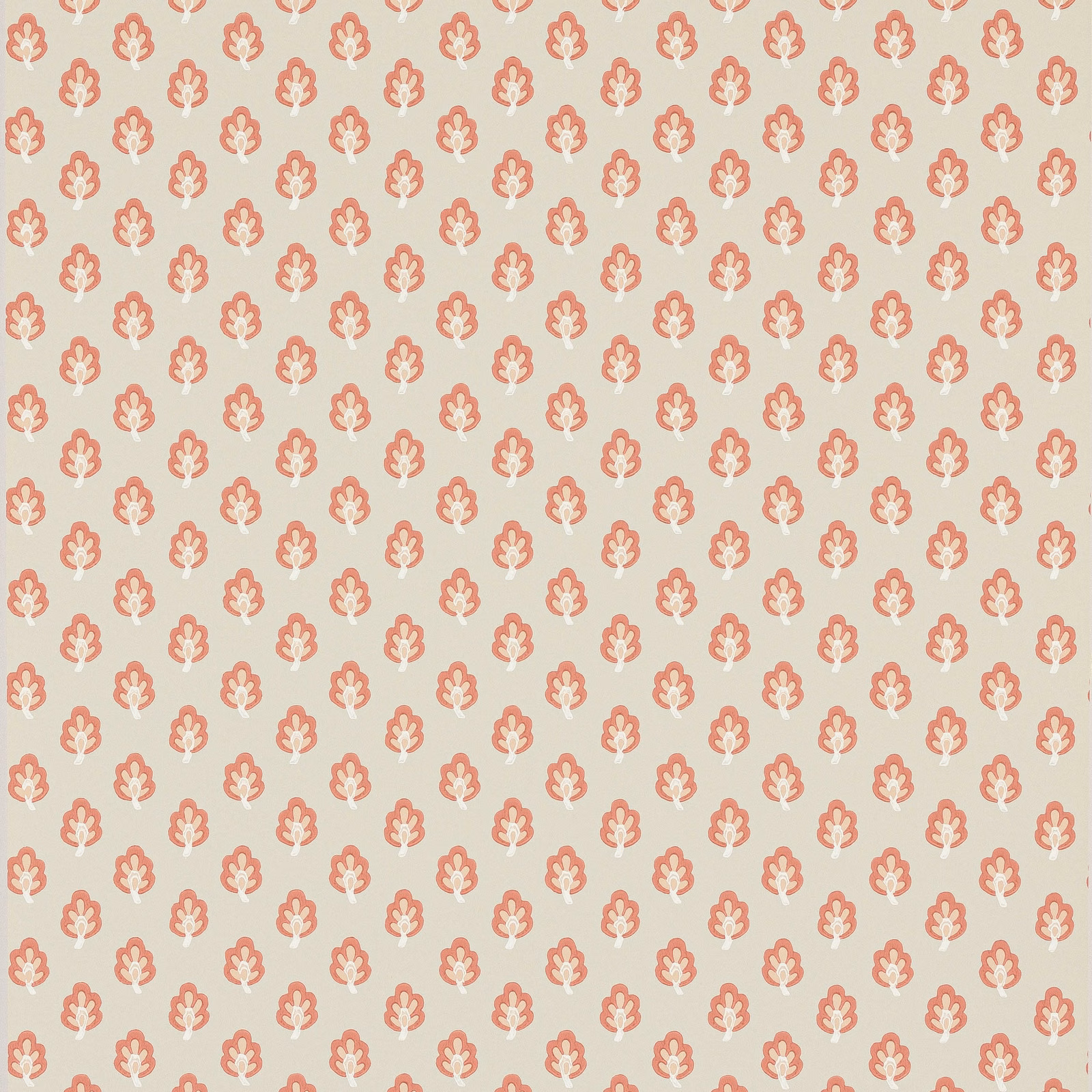 Soft coral-red floral motifs repeating across a pale warm grey-beige wallpaper ground