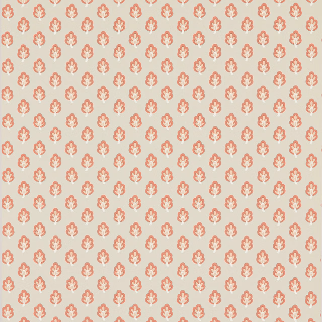 Soft coral-red floral motifs repeating across a pale warm grey-beige wallpaper ground