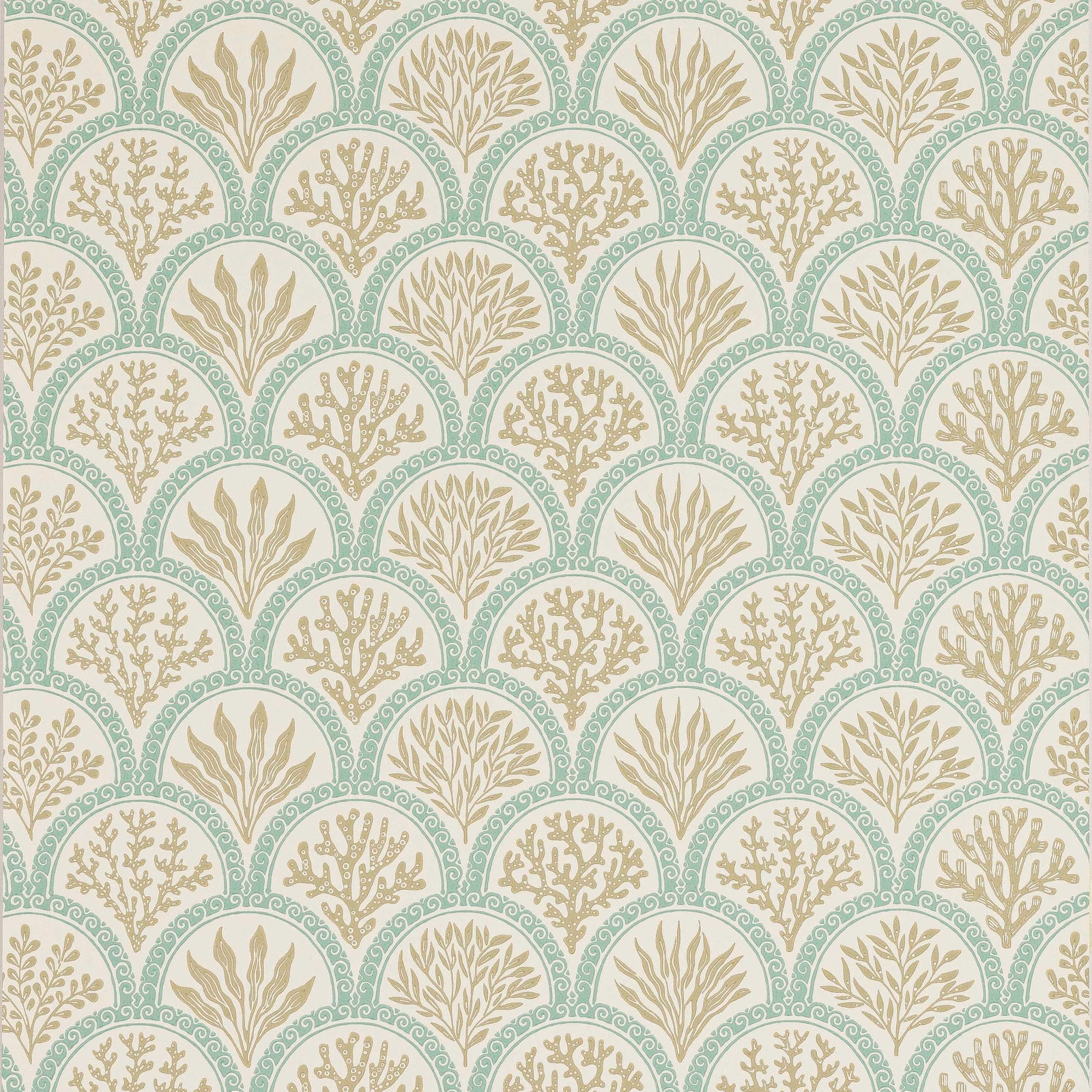 Pale aqua scalloped arches with taupe coral and leafy botanical motifs on cream paper