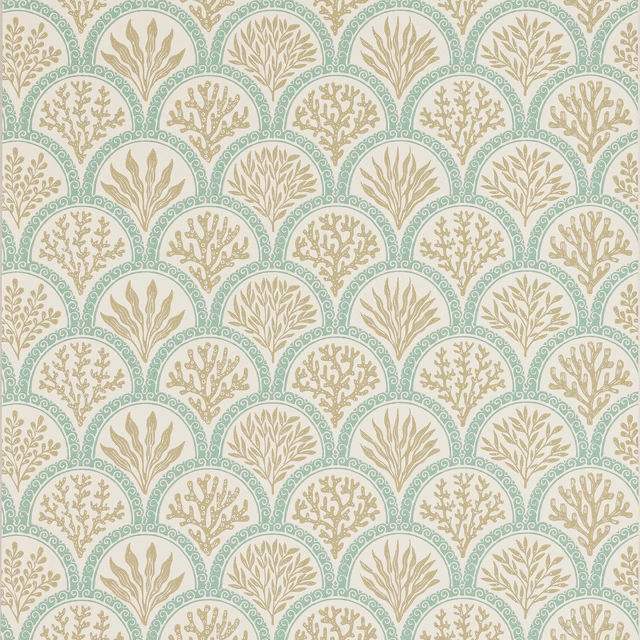 Pale aqua scalloped arches with taupe coral and leafy botanical motifs on cream paper