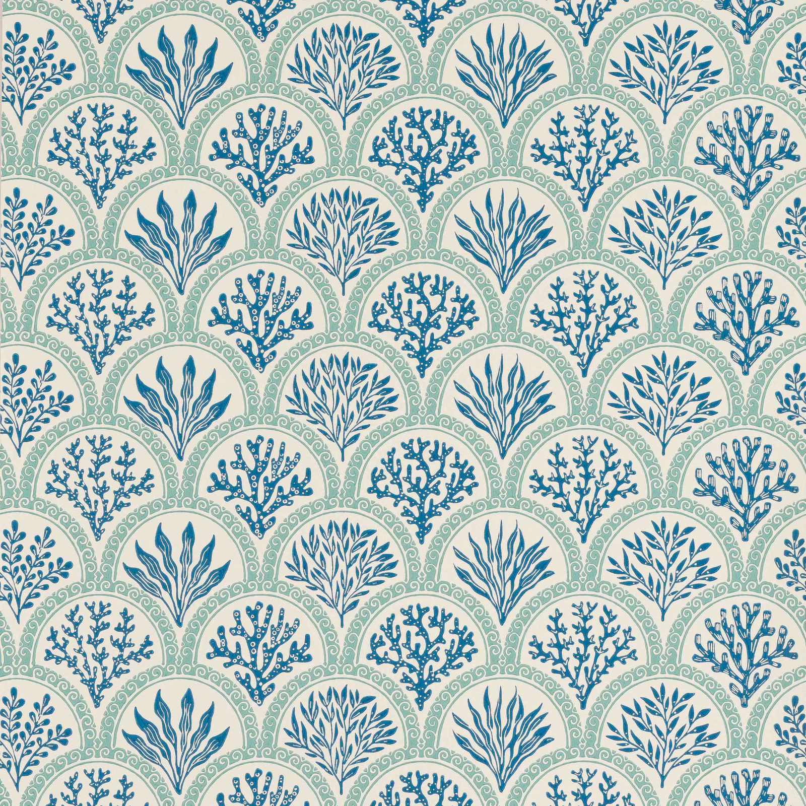 Cool blue botanical medallions and scalloped aqua arches on a warm cream ground