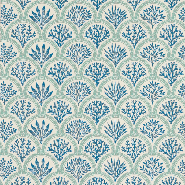 Cool blue botanical medallions and scalloped aqua arches on a warm cream ground