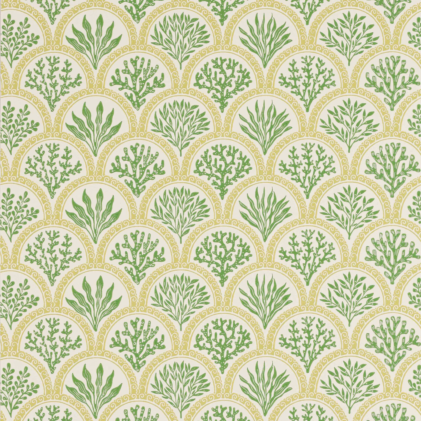 Cream wallpaper with green coral, leafy botanical motifs and ochre scalloped arches