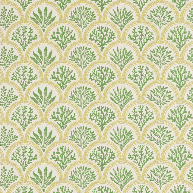 Cream wallpaper with green coral, leafy botanical motifs and ochre scalloped arches