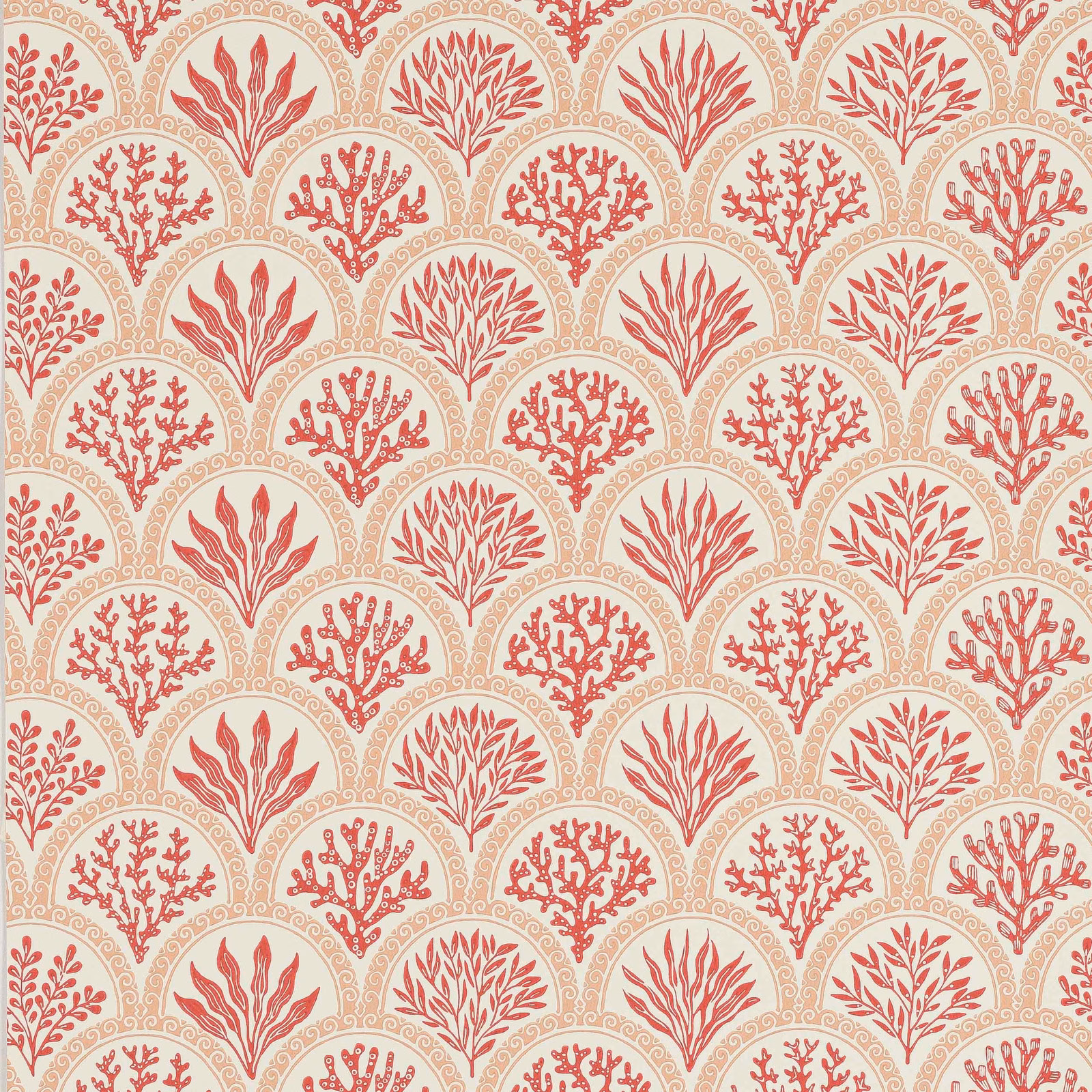 Pale pink wallpaper with repeating coral-red seaweed and coral motifs
