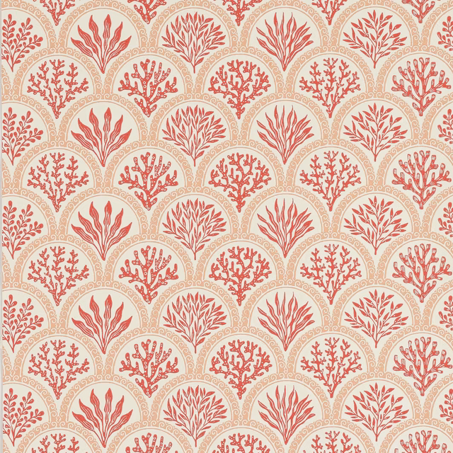 Pale pink wallpaper with repeating coral-red seaweed and coral motifs