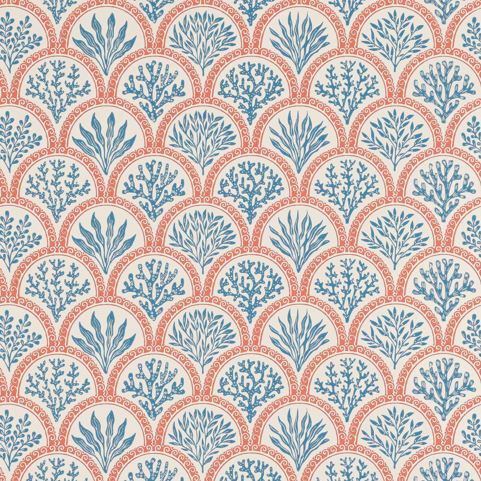 Cream wallpaper with coral-red scallops and indigo botanical coral motifs