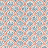 Cream wallpaper with coral-red scallops and indigo botanical coral motifs