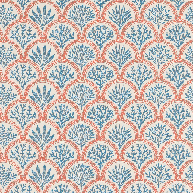 Cream wallpaper with coral-red scallops and indigo botanical coral motifs