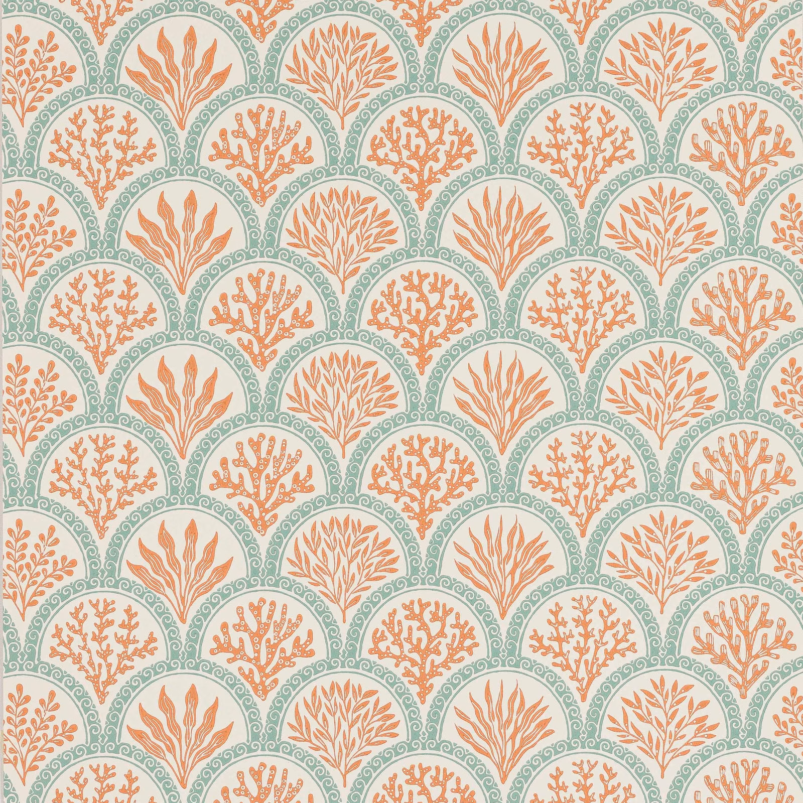 Tomato coral botanical arches with pale blue scrollwork on a cream wallpaper ground