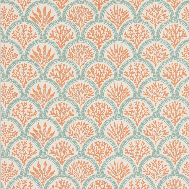 Tomato coral botanical arches with pale blue scrollwork on a cream wallpaper ground