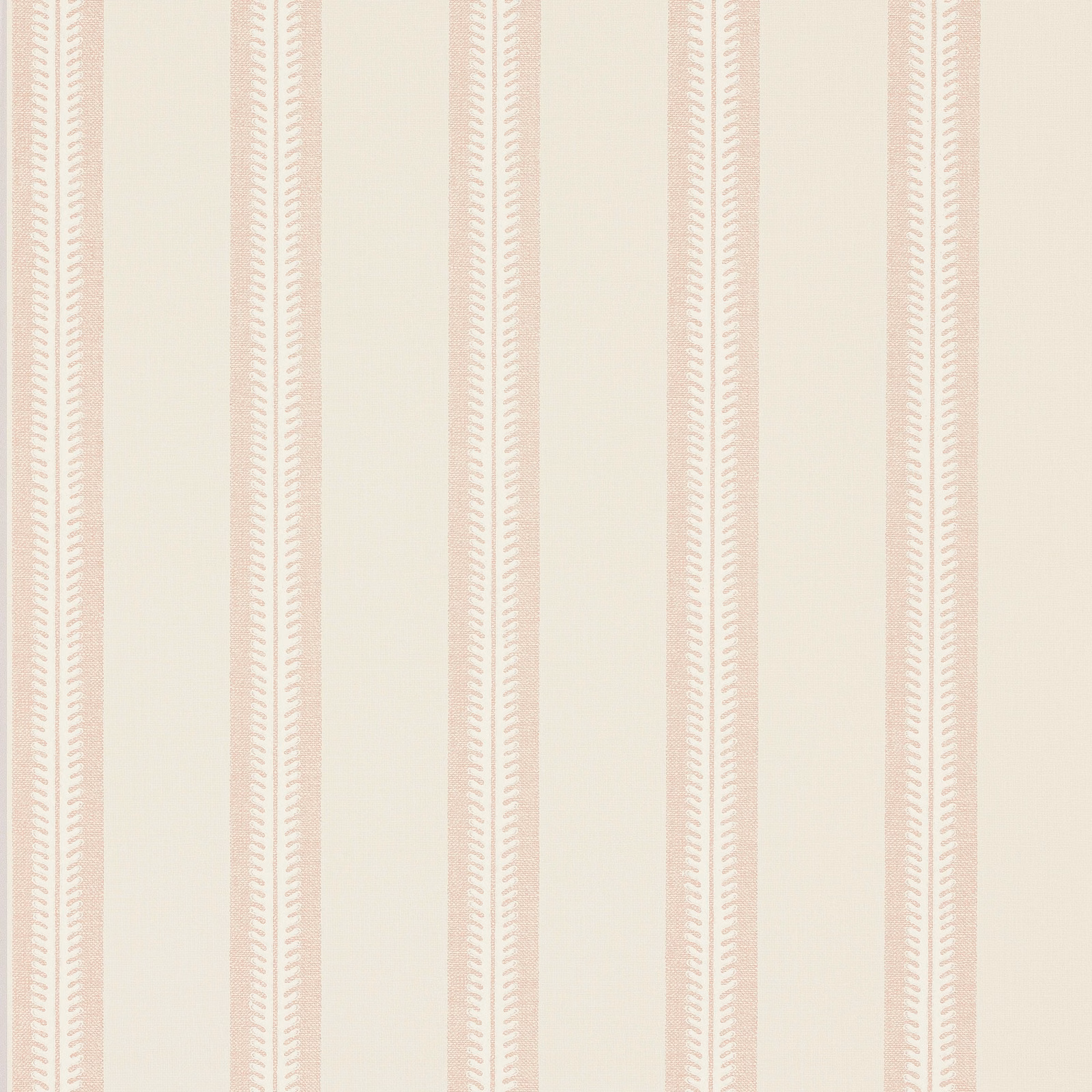 Ivory wallpaper with slender dusty pink stripes and delicate chevron edging