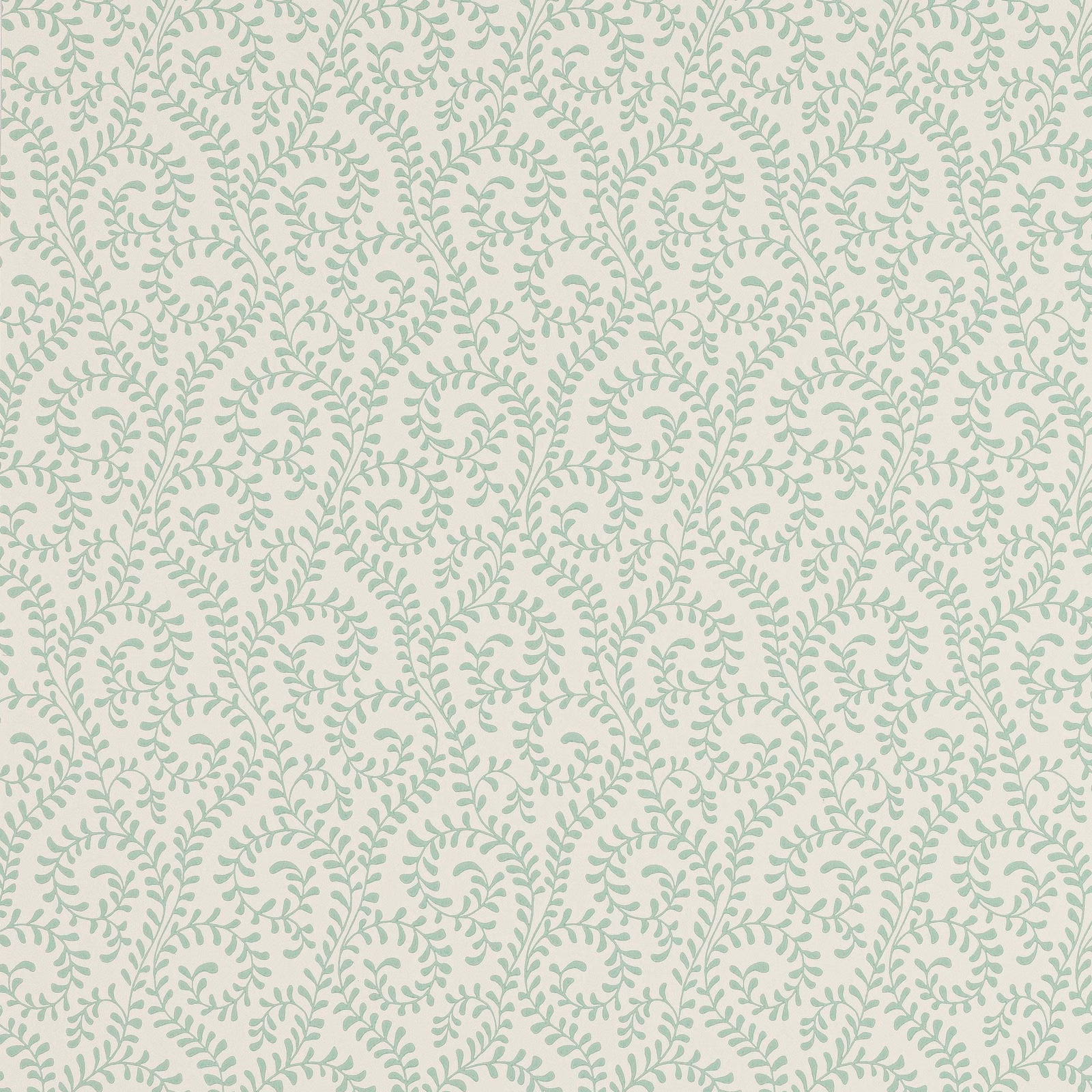 Soft aqua leafy floral scrolls repeating over a warm cream wallpaper ground