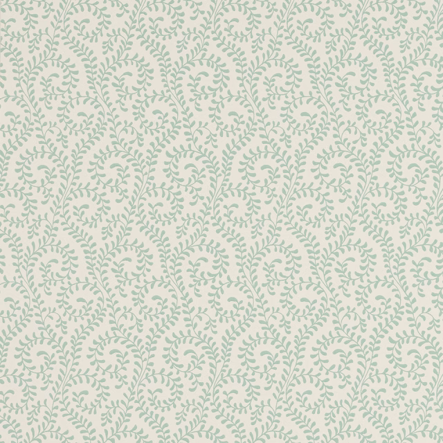Soft aqua leafy floral scrolls repeating over a warm cream wallpaper ground