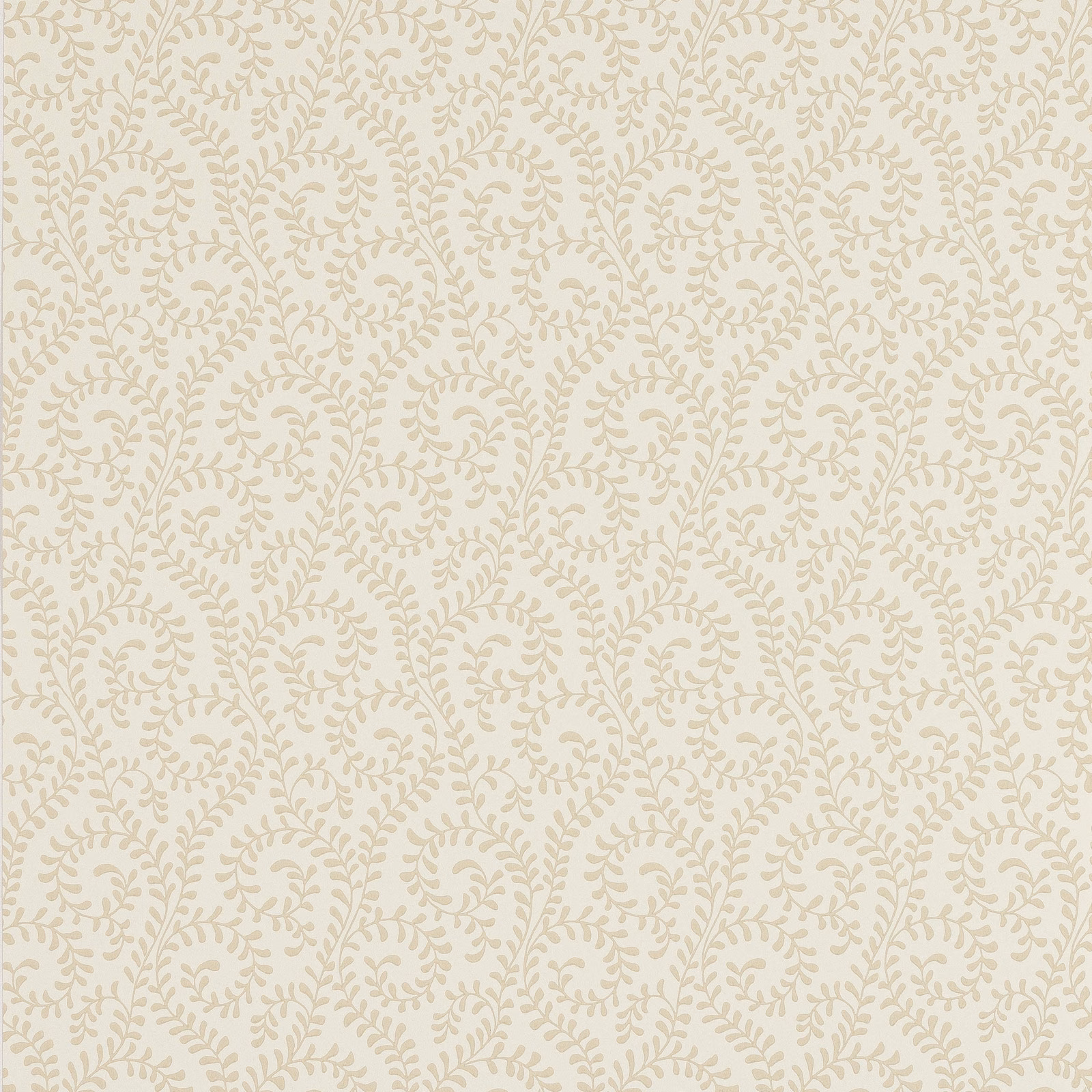 Cream wallpaper with dense warm beige leafy scrolls and curling botanical stems