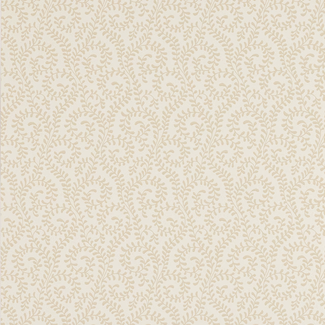 Cream wallpaper with dense warm beige leafy scrolls and curling botanical stems