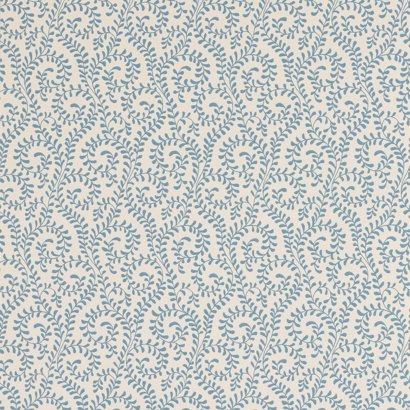 Pale cream wallpaper with muted blue scrolling leaf and tendril motifs