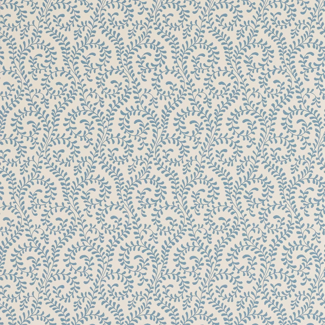 Pale cream wallpaper with muted blue scrolling leaf and tendril motifs