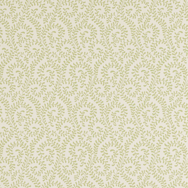 Pale cream wallpaper with muted sage-green scrolling leaf and fern motifs