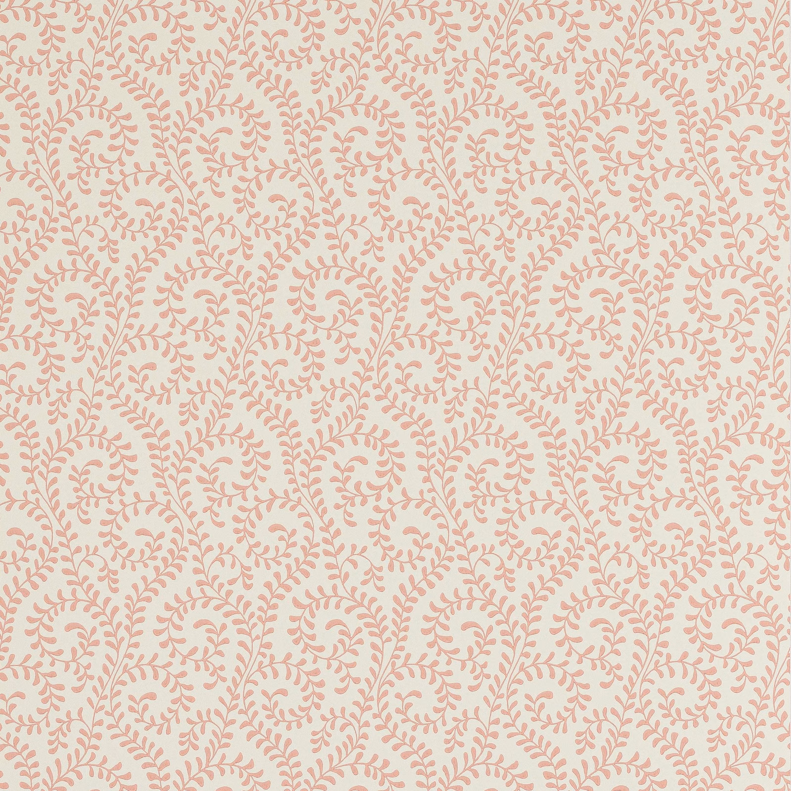 Pale blush wallpaper with dusty pink scrolling fern and leaf motifs