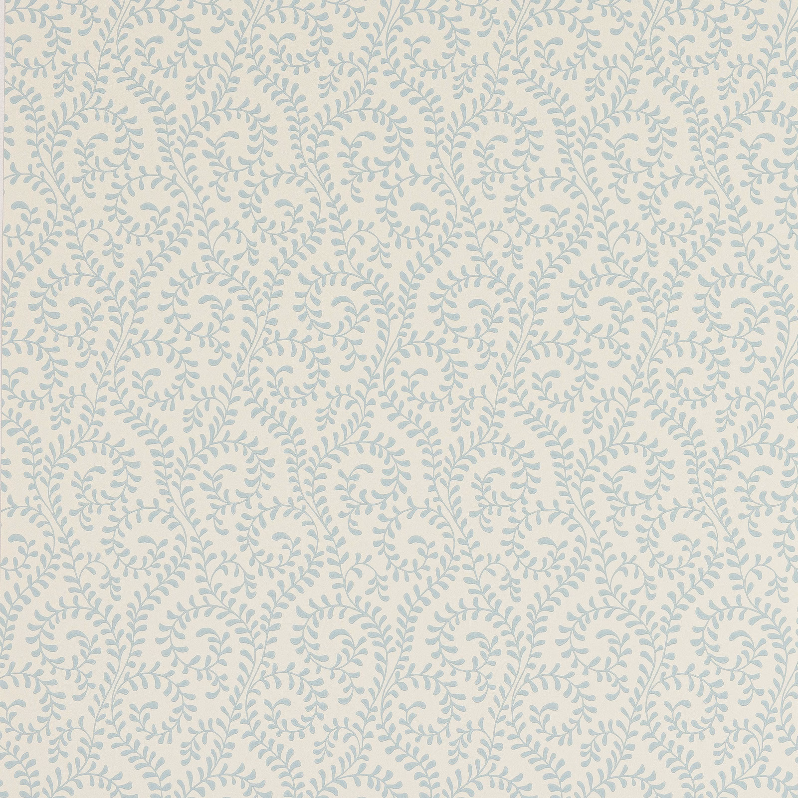 Soft blue scrolling leaf medallions repeat across a warm cream wallpaper ground