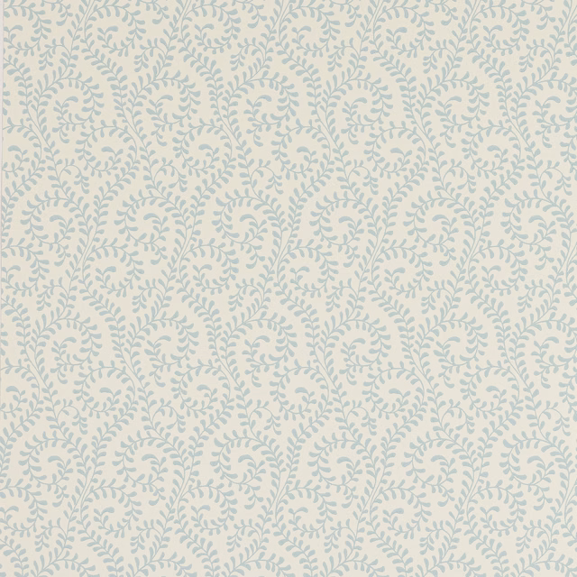 Soft blue scrolling leaf medallions repeat across a warm cream wallpaper ground
