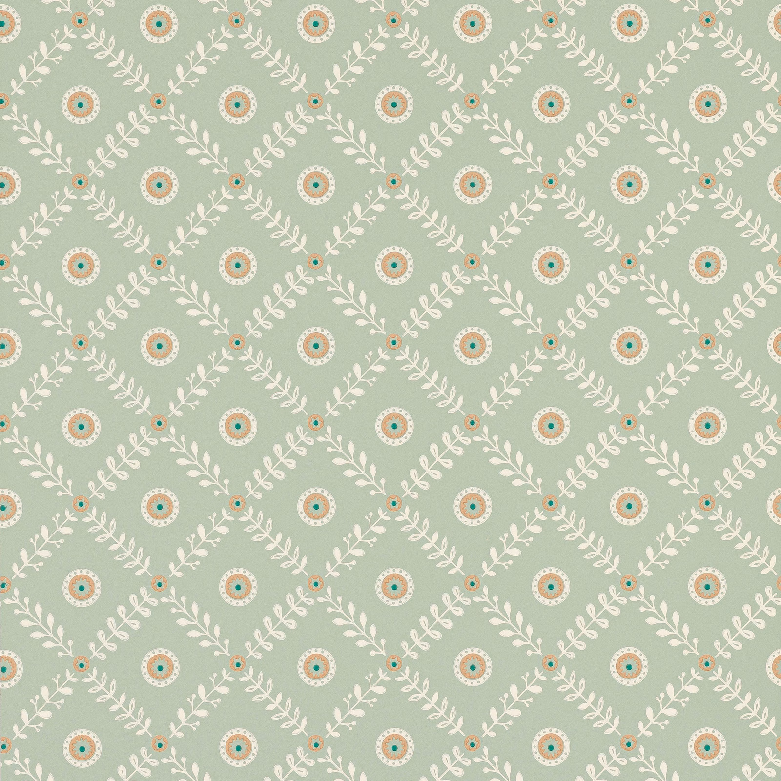 Muted aqua wallpaper with cream leafy diamonds and multicolour circular medallions