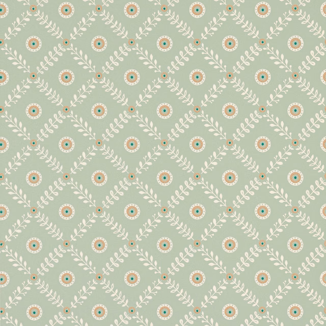 Muted aqua wallpaper with cream leafy diamonds and multicolour circular medallions
