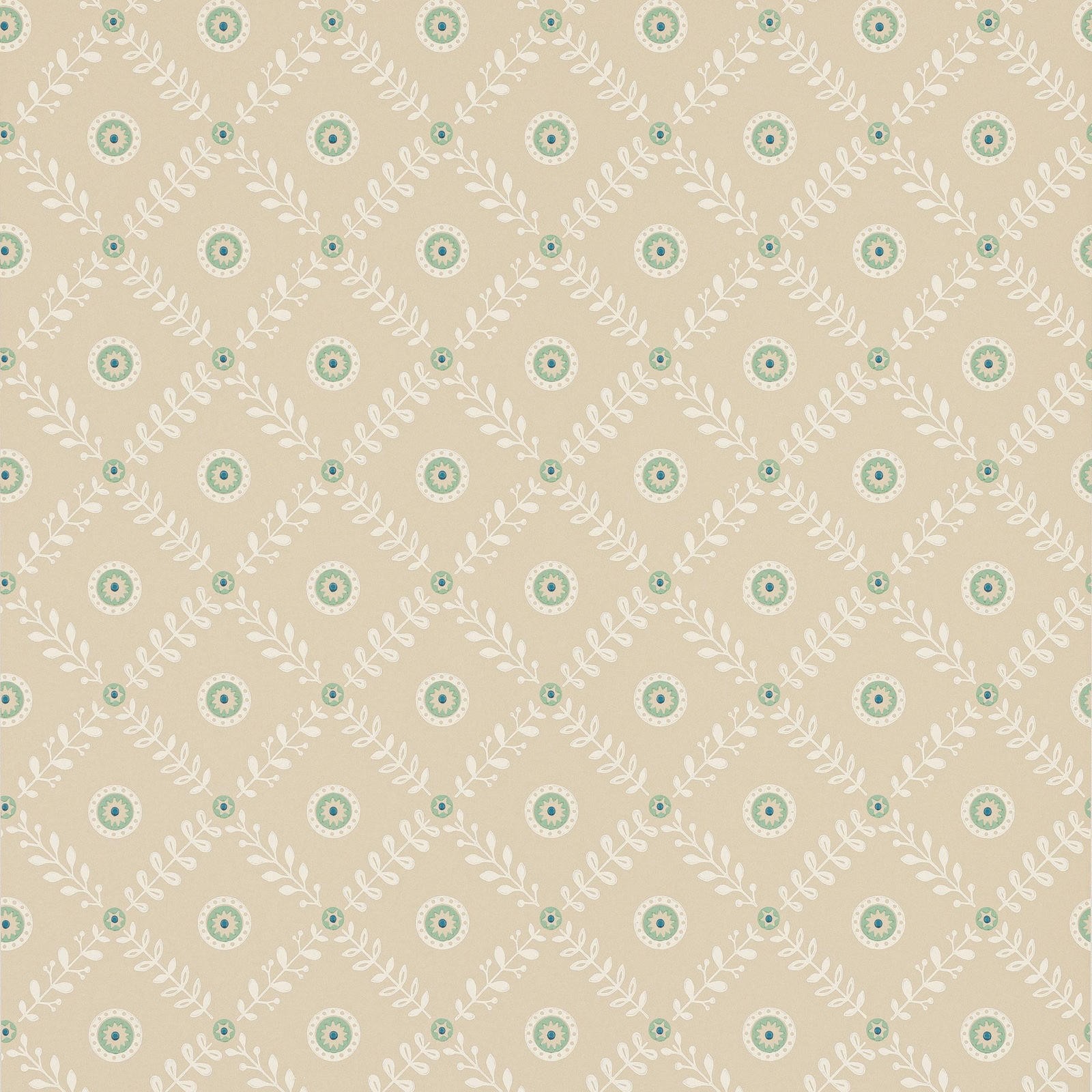 Warm beige paper with aqua-green medallions and cream leafy diamond lattice
