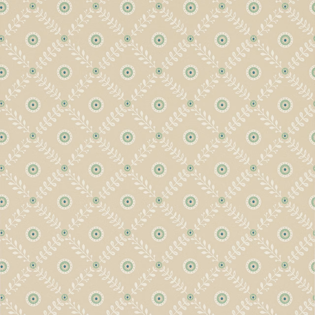 Warm beige paper with aqua-green medallions and cream leafy diamond lattice