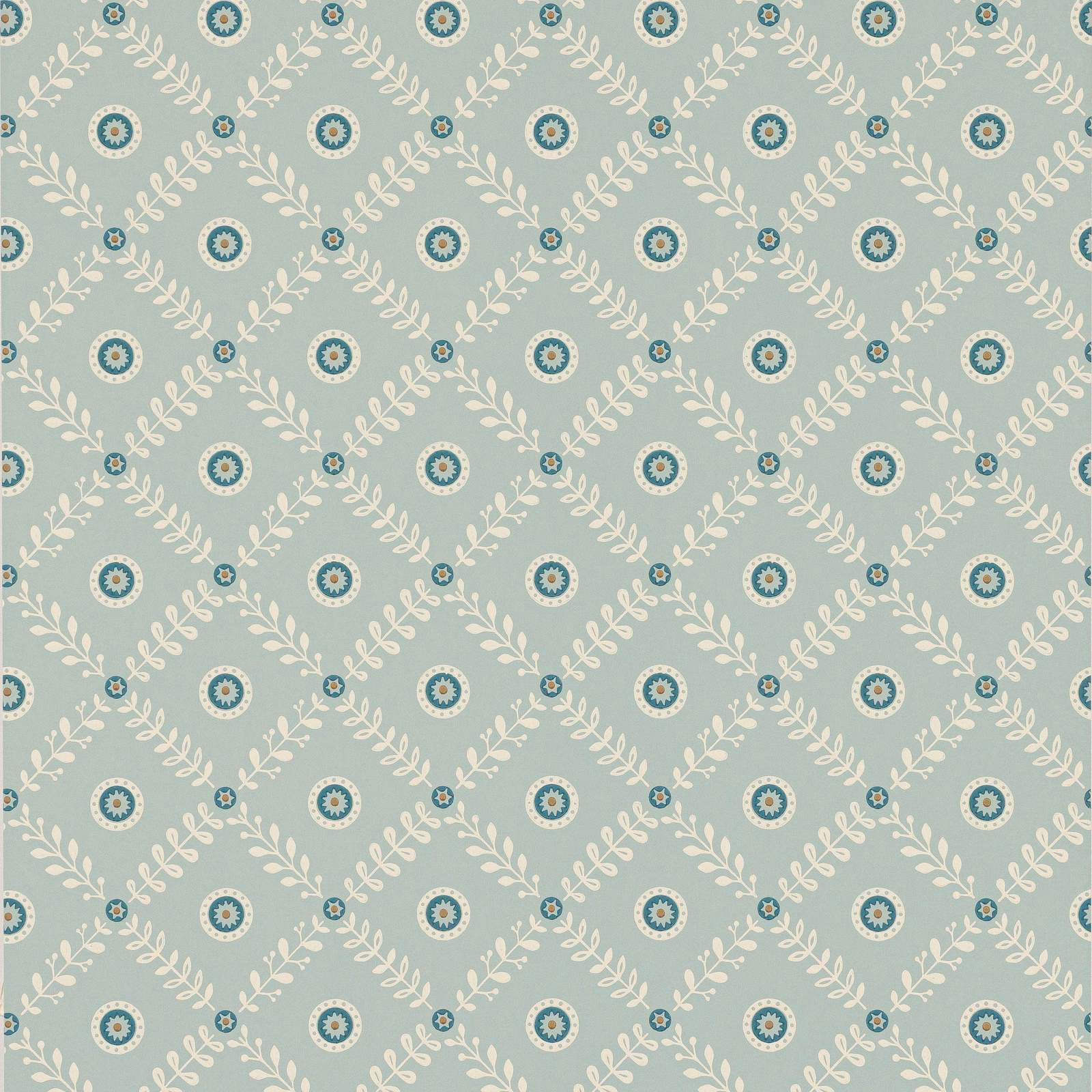 Pale blue wallpaper with cream leaf lattice and teal floral medallions