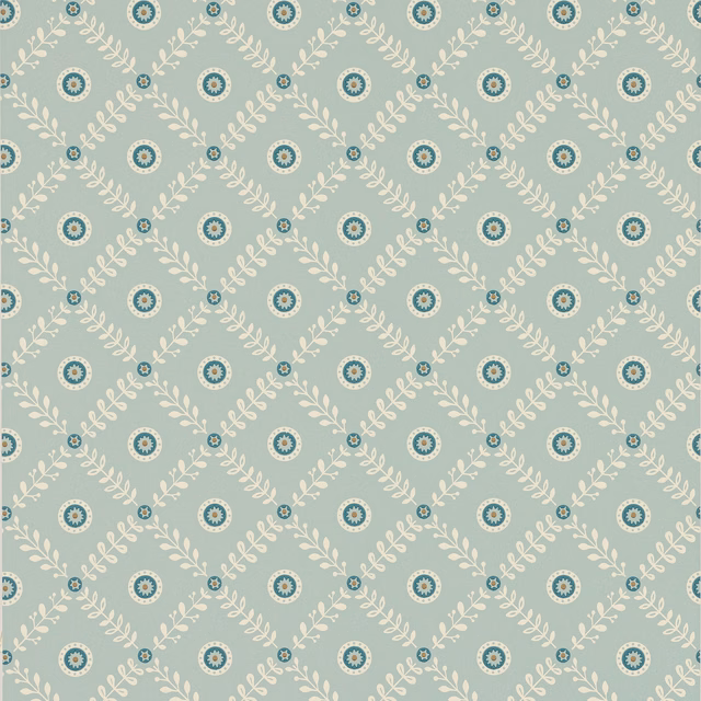 Pale blue wallpaper with cream leaf lattice and teal floral medallions