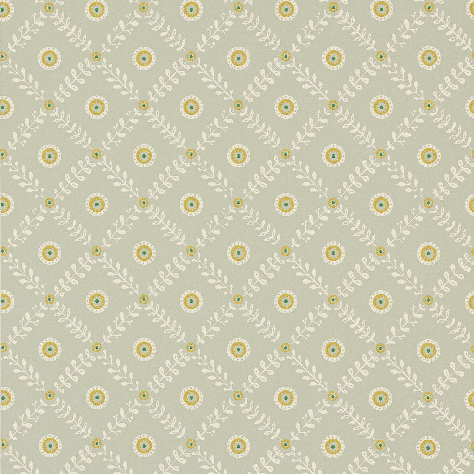 Soft sage-grey wallpaper with white leafy diamonds and green-yellow medallions