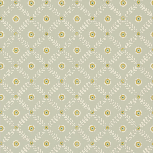 Soft sage-grey wallpaper with white leafy diamonds and green-yellow medallions