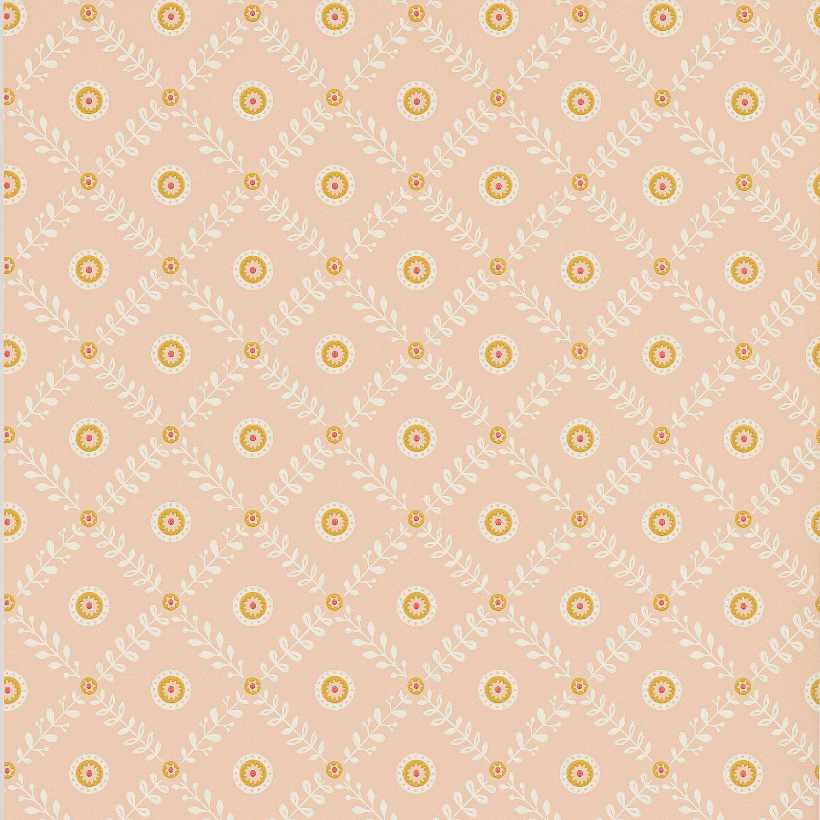 Soft peach-pink wallpaper with cream diagonal leafy lattice and floral medallions