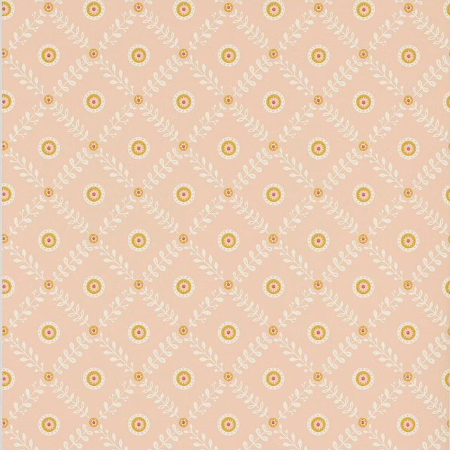 Soft peach-pink wallpaper with cream diagonal leafy lattice and floral medallions
