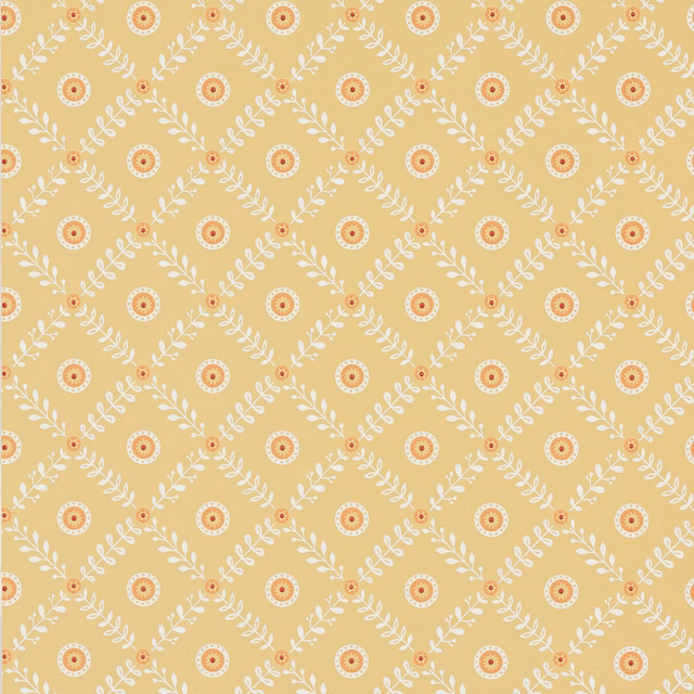 Warm yellow wallpaper with cream leafy diamonds and coral floral medallions